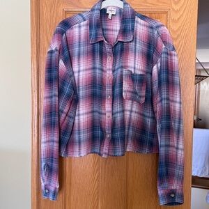 Self Esteem Los Feliz Crop Flannel Pink and Blue Plaid Button-Down